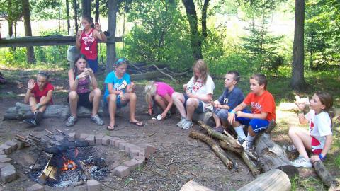 Youth seated on logs around fire pit raising hands.
