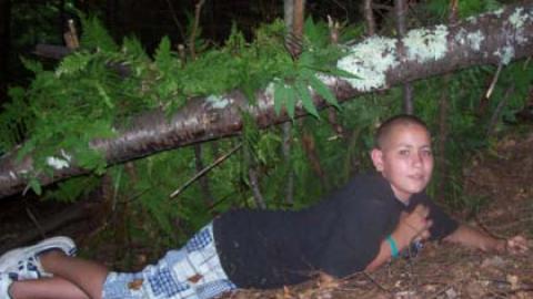 Youth lays under a shelter of sticks and ferns he has built in the woods.