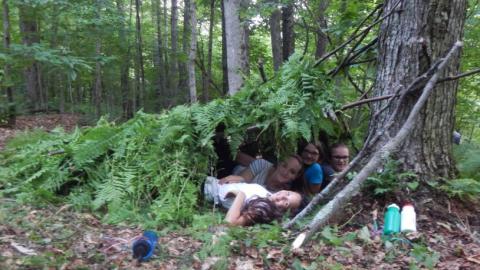 Campers laying under a shelter made out of branches and ferns. 