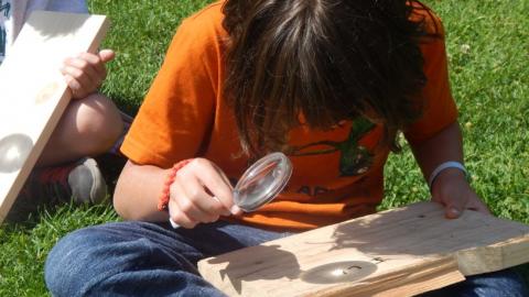 Youth using a magnifying glass and the sun to burn a piece of wood. 
