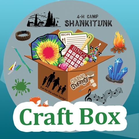 4-H Camp Shankitunk Craft Box written over graphic of activity icons spilling out of a box