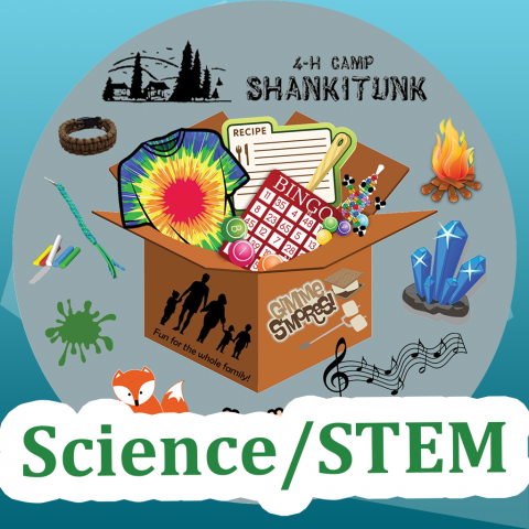 4-H Camp Shankitunk Science written over graphic of activity icons spilling out of a box